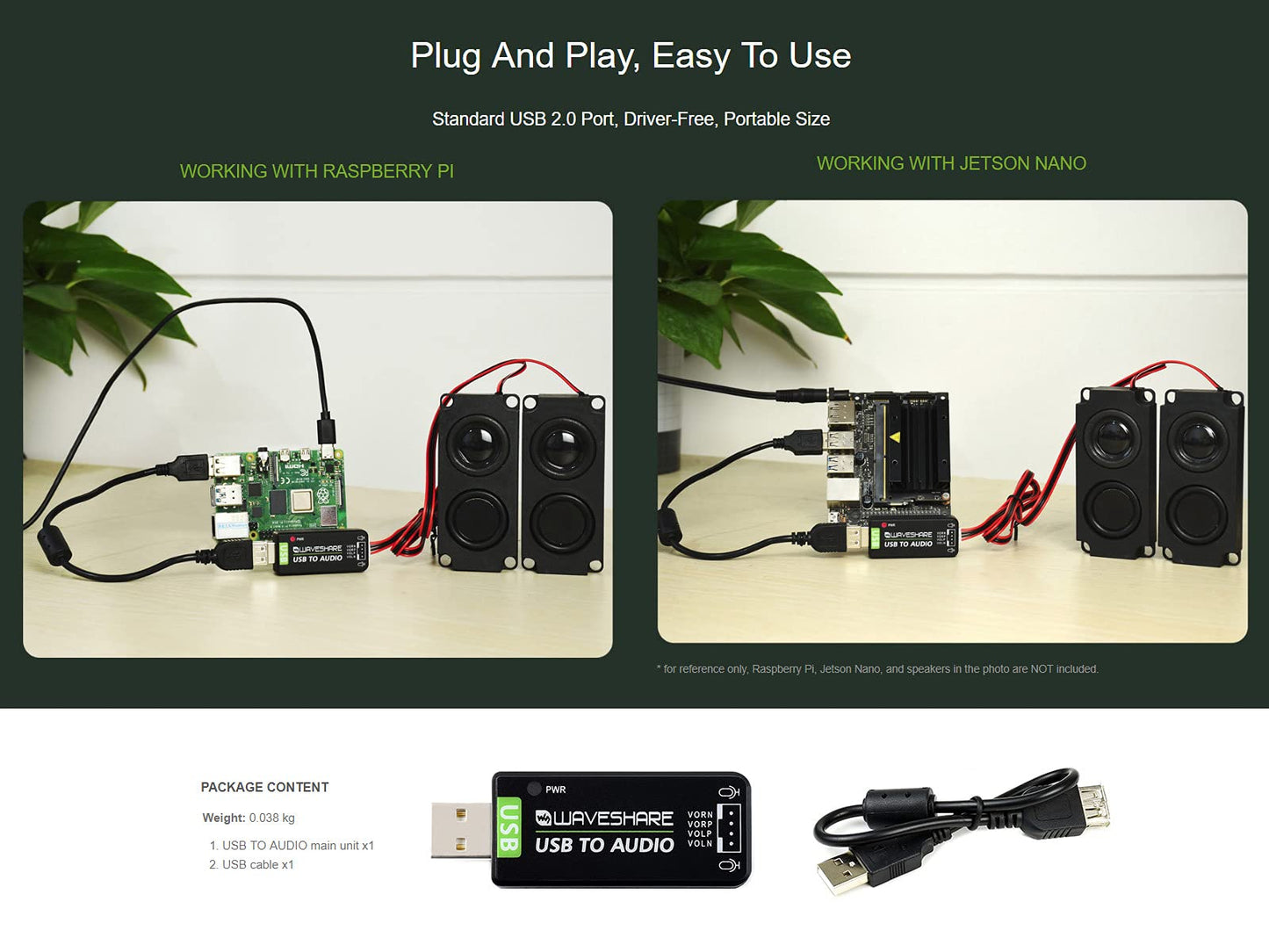 Waveshare USB Sound Card for Raspberry Pi/Jetson Nano USB Audio Module External Audio Converter Recording and Playback Support Stereo Codec Onboard