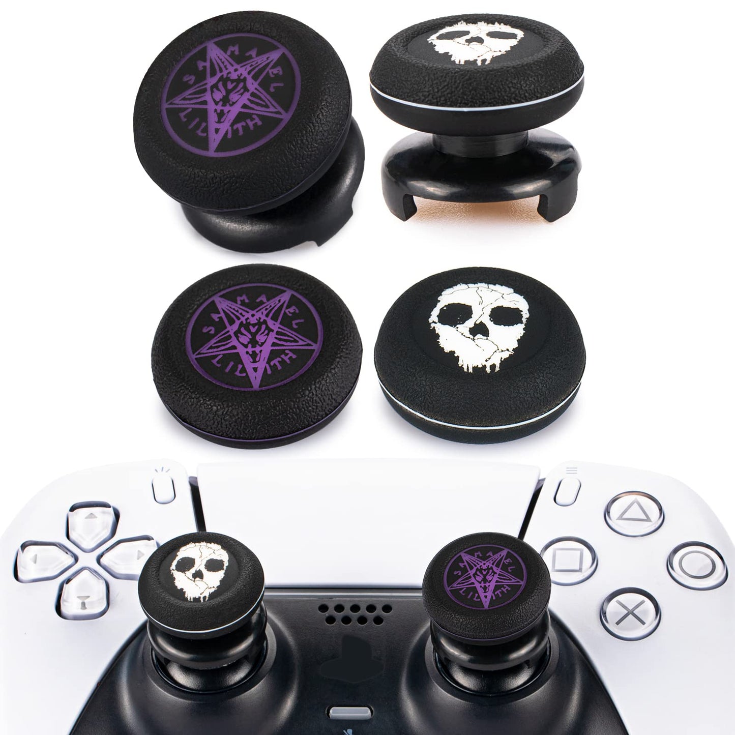 Playrealm FPS Thumbstick Extender x 2 & Printing Rubber Silicone Grip Cover x 4 for PS5 & PS4 Controller (Ghost White&Demon Purple)