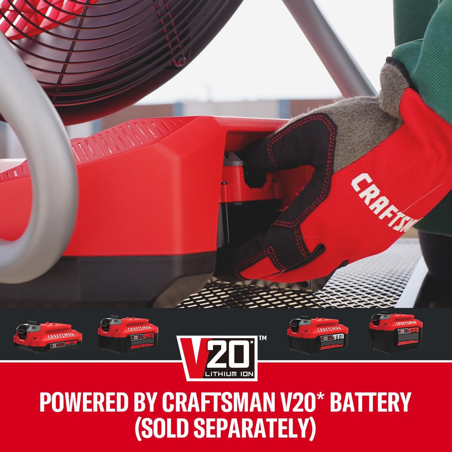 CRAFTSMAN V20 Cordless 12" Portable Fan, Battery Powered Fan, AC/DC Dual Supply, AC Adapter included, 1400 CFM, 3-Speed Settings, 130° Tilt