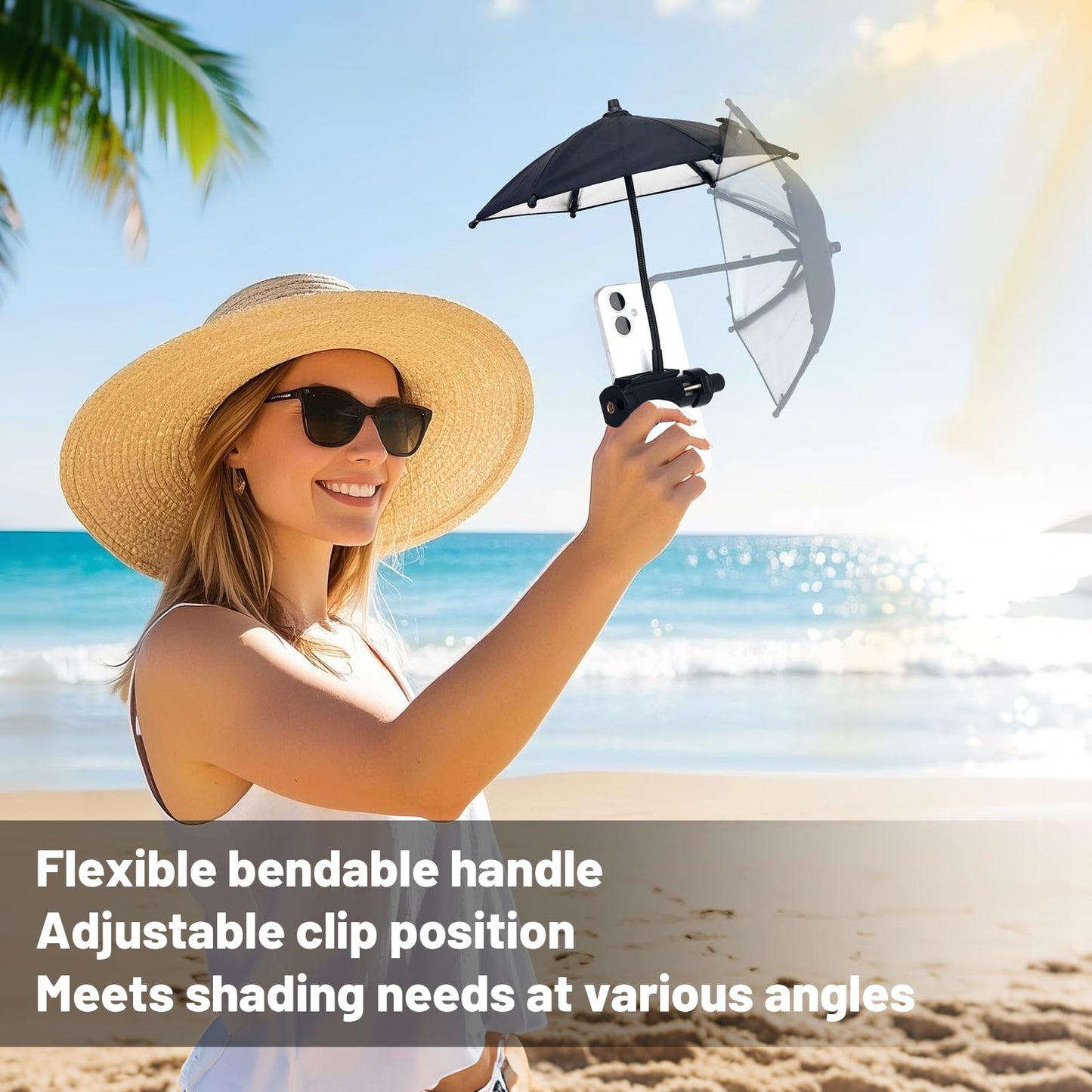 Fixed Clip-on Phone Umbrella for Sun with Flexible Adjustable Handle, Mini Strong Clip Cell Phone Umbrellas Sun Shade Anti Sunlight and Glare fits