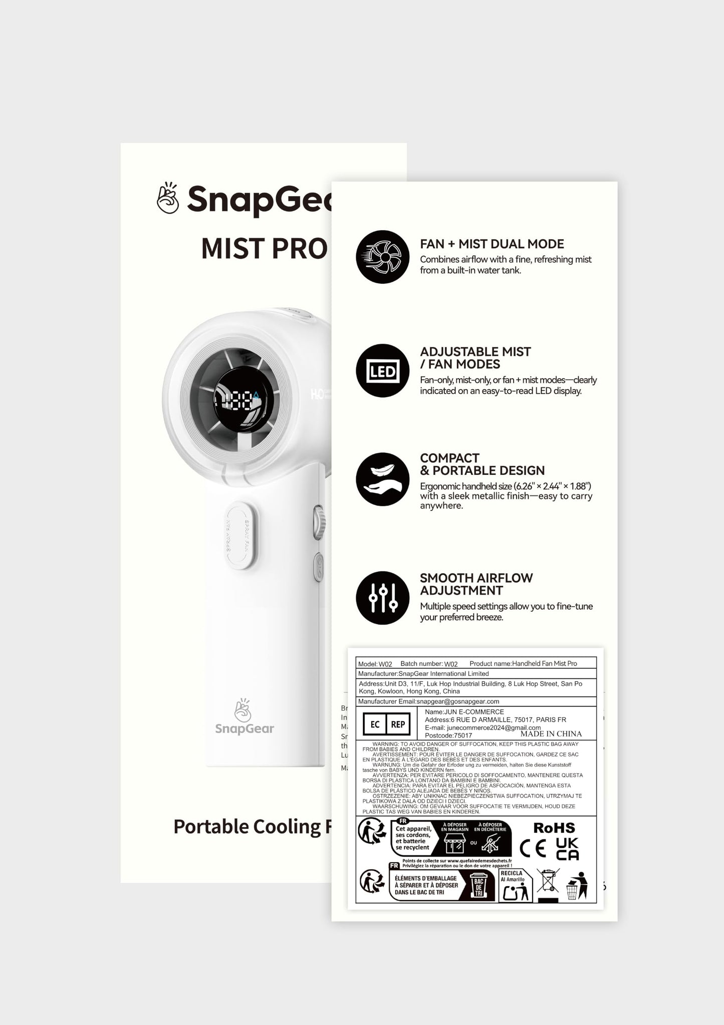 Snapgear MIST Portable Cooling Fan 13.5H Runtime, 30ml Water Tank, 5 Speeds, 3-in-1 Handheld Fan with Icy Mist & Powerful Wind for Outdoor Travel