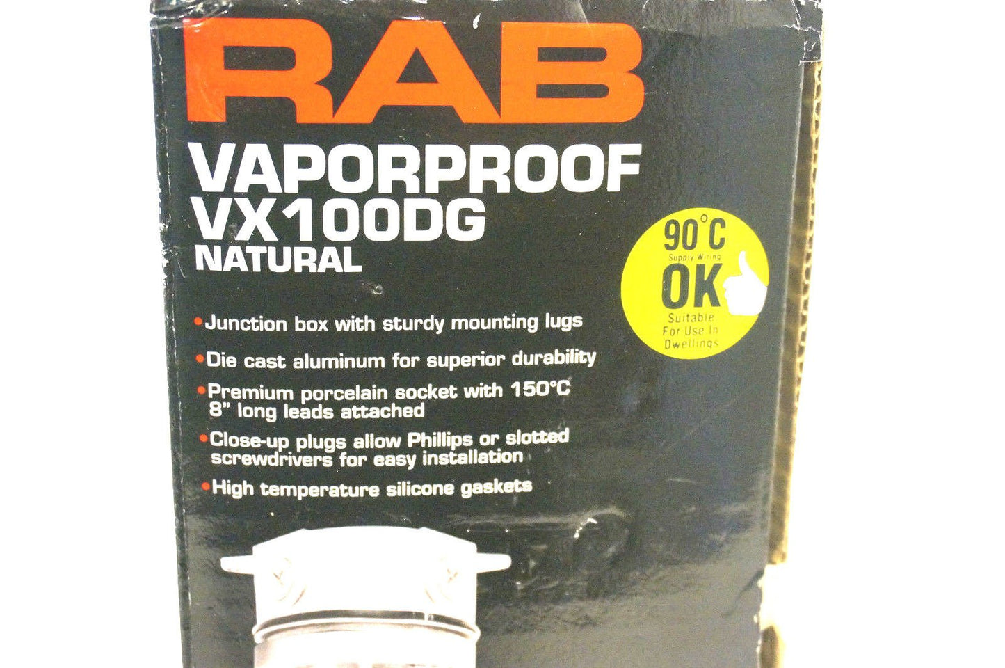 RAB Lighting VX100DG Vaporproof VX 4" Ceiling Box Mount with Glass Globe and Cast Guard, A19 Type, Aluminum, 150W Power, 1/2" Hub, Natural