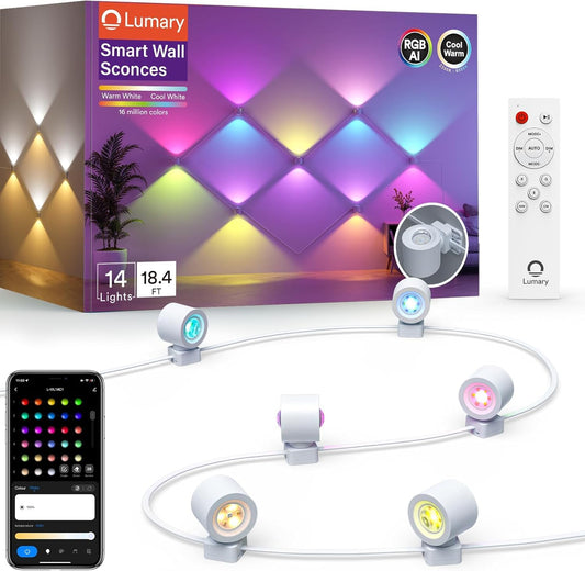 Lumary Smart Wall Sconces, RGBAI LED Wall Light Works with Alexa, WiFi Smart Lights for Room Decor, Color Changing Indoor Light Fixture for Bedroom