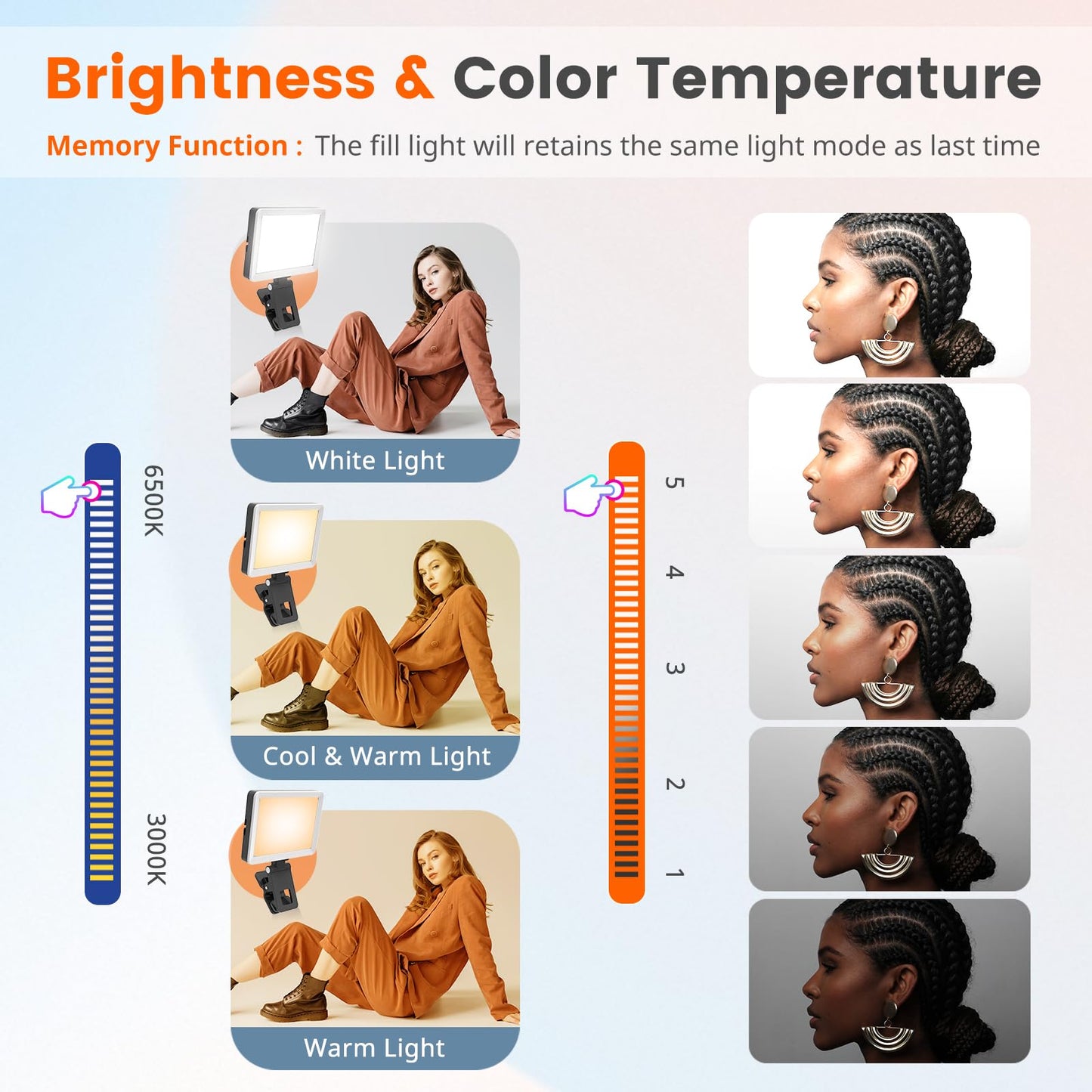UBeesize Selfie Light with Memory Function, Rechargeable Phone Light for Pictures, iPhone, iPad, Laptop, Monitor, Clip-on Video Light with 3 Light