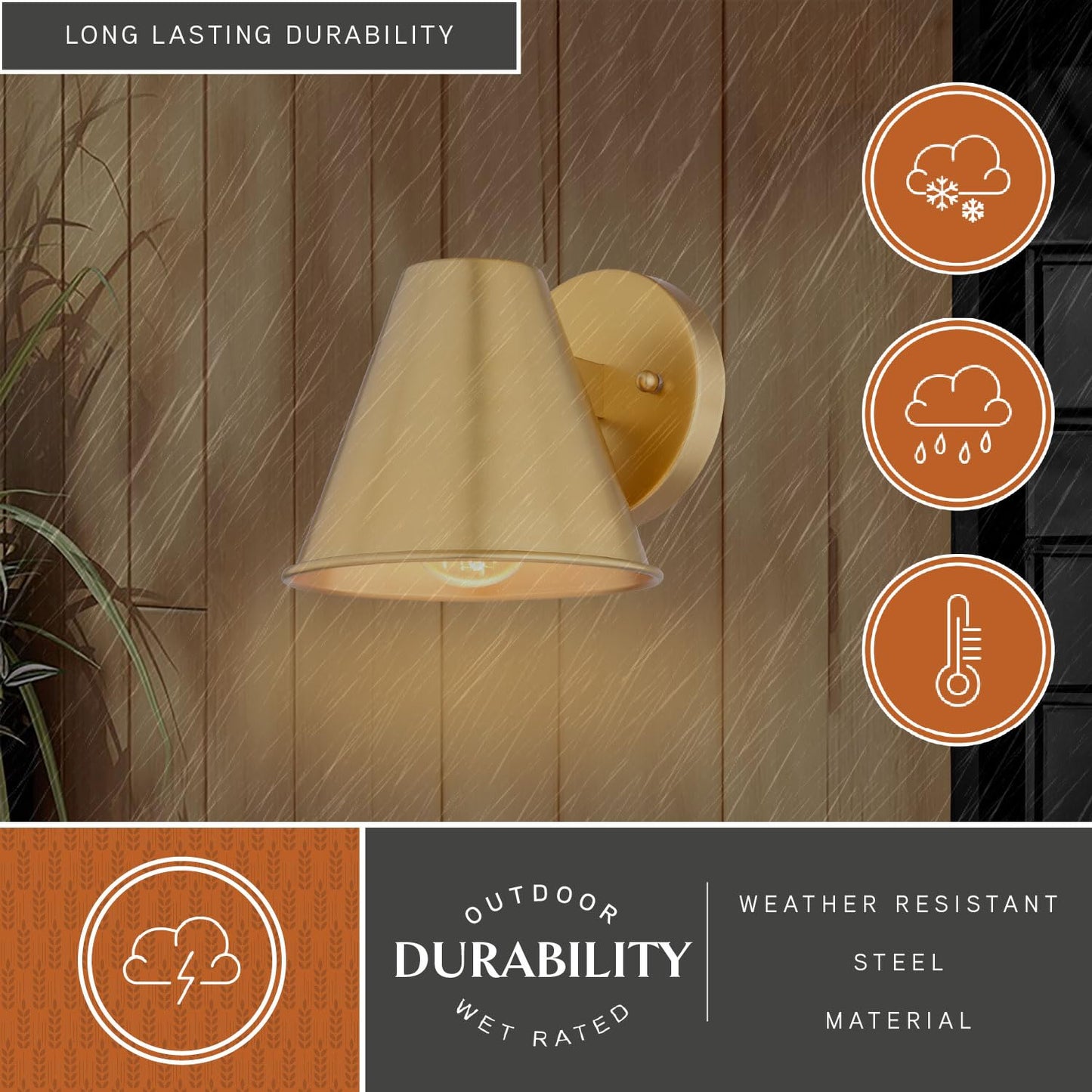 VAXCEL Smith 6.25 in. H 1-Light Gold Contemporary Outdoor Wall Sconce, Durable Steel Metal Cone Shade, LED Compatible, Dark Sky Compliant, Use