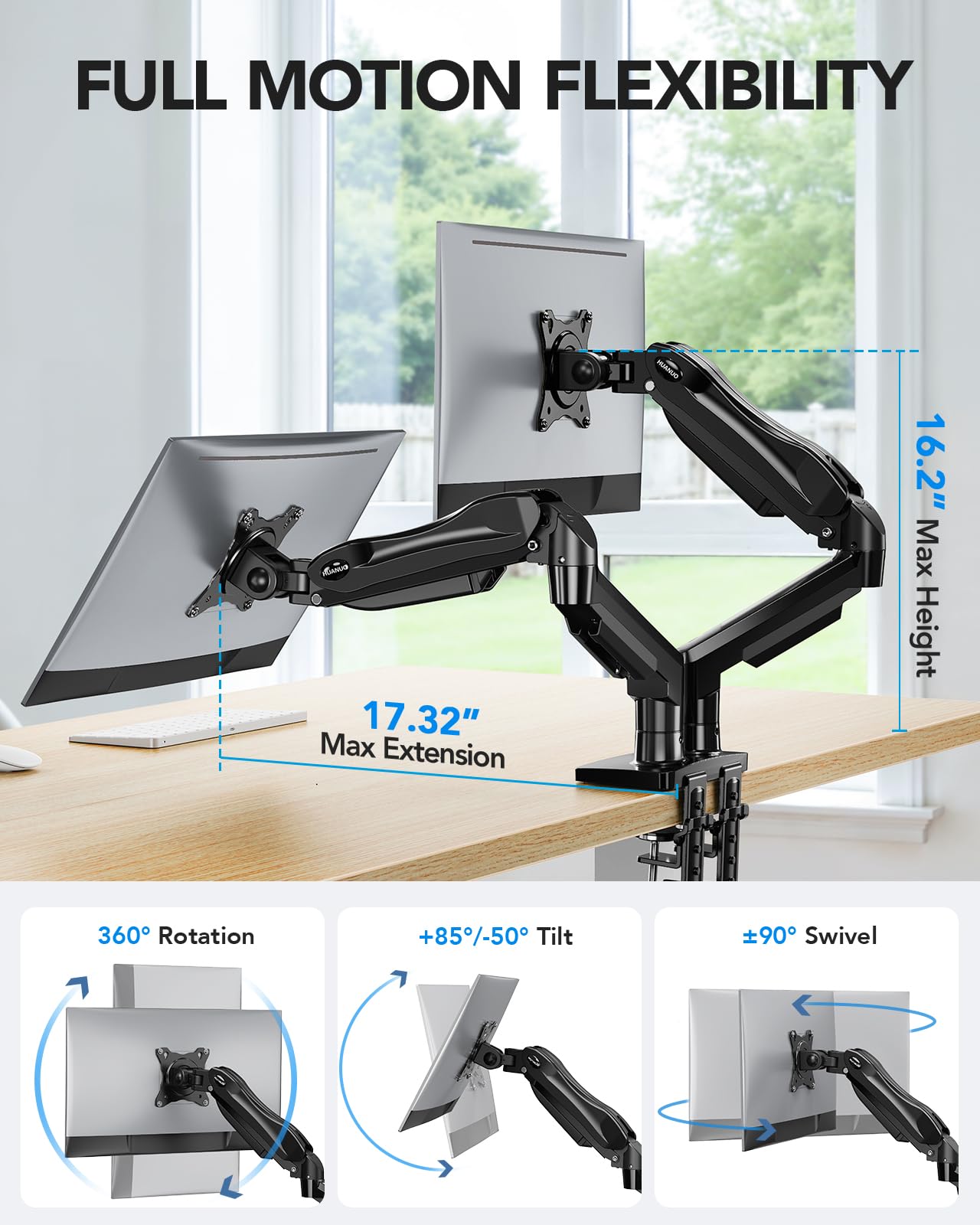 HUANUO Dual Monitor Stand, Fully Adjustable Gaming Monitor Desk Mount for 13-27? Computer Screens, Full Motion VESA 75x75/100x100 with C-Clamp
