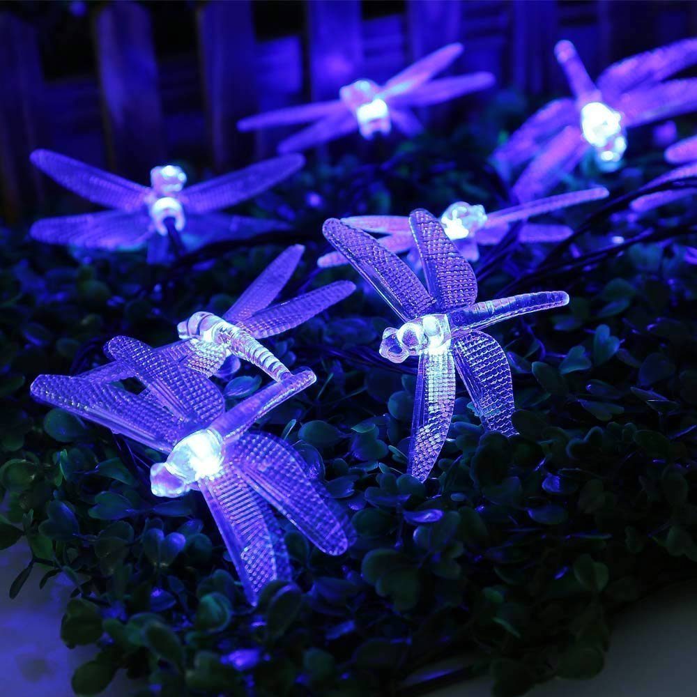DINOWIN Dragonfly Lights, 20FT/6M 30 LED Solar String Lights with 8 Modes, Waterproof for Outdoor, Garden, Christmas Decorations (Blue)