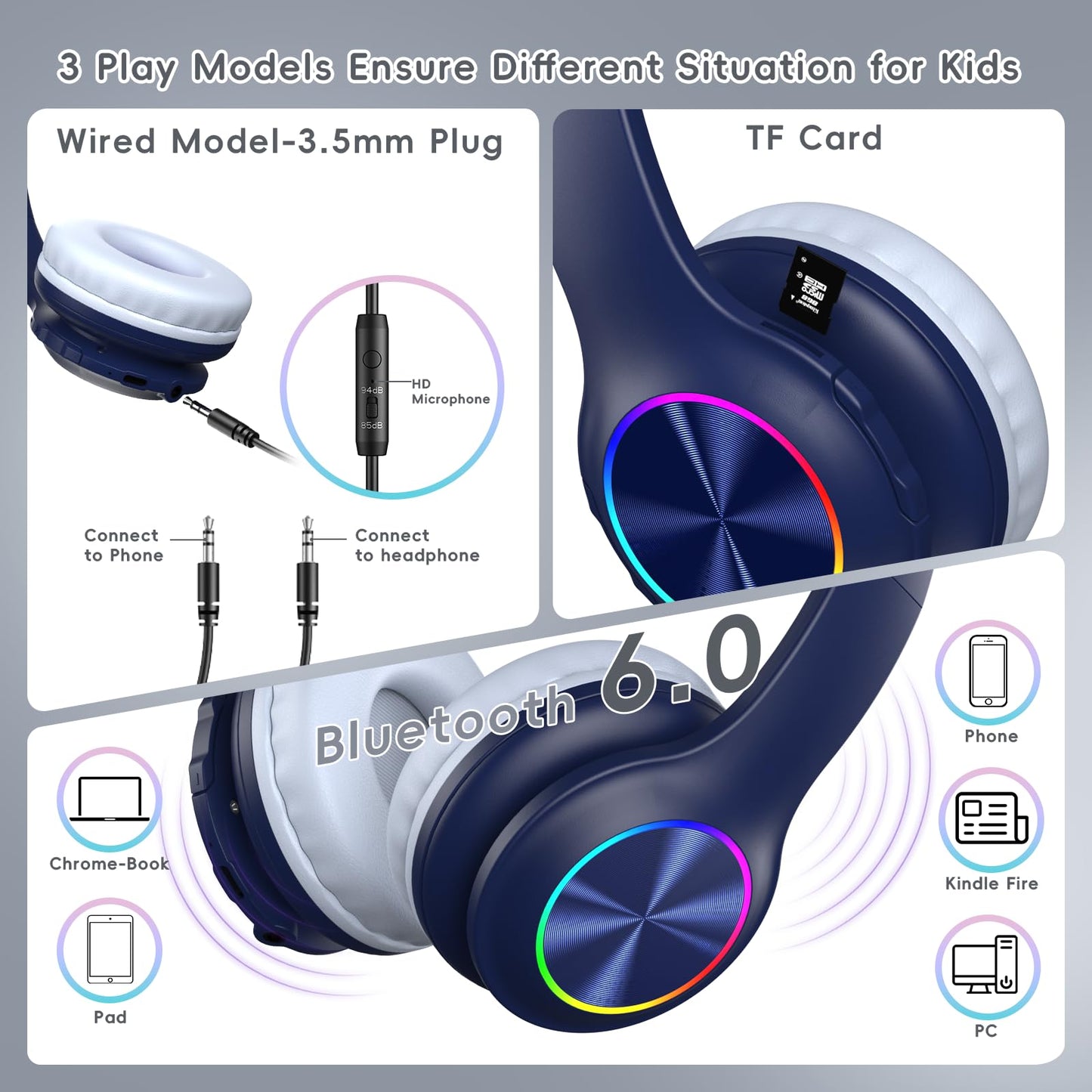 Candy Bila Kids Bluetooth 6.0 Headphones with LED Light, 85Hours Playtimes, Type-C Fast Charging, 85/94dB Volume Limited, Comfort Wireless Headphones…