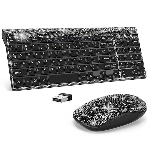 Dazzling Luxury Keyboard and Mouse Wireless, Sparkly Bling Rhinestone Wireless Mouse and Keyboard Gift Set (Black)