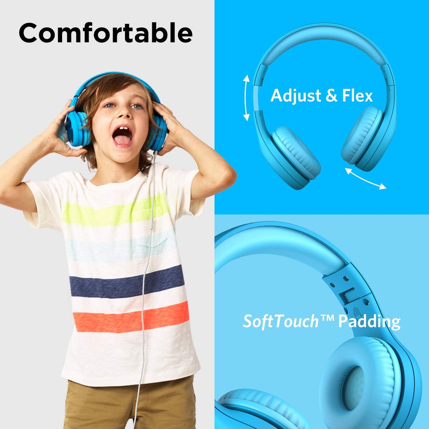 LilGadgets Connect+ Pro Wired Kids Headphones for School with Microphone, Volume Limiting Over-Ear Headset with Cord, SharePort Technology & SoftTouch