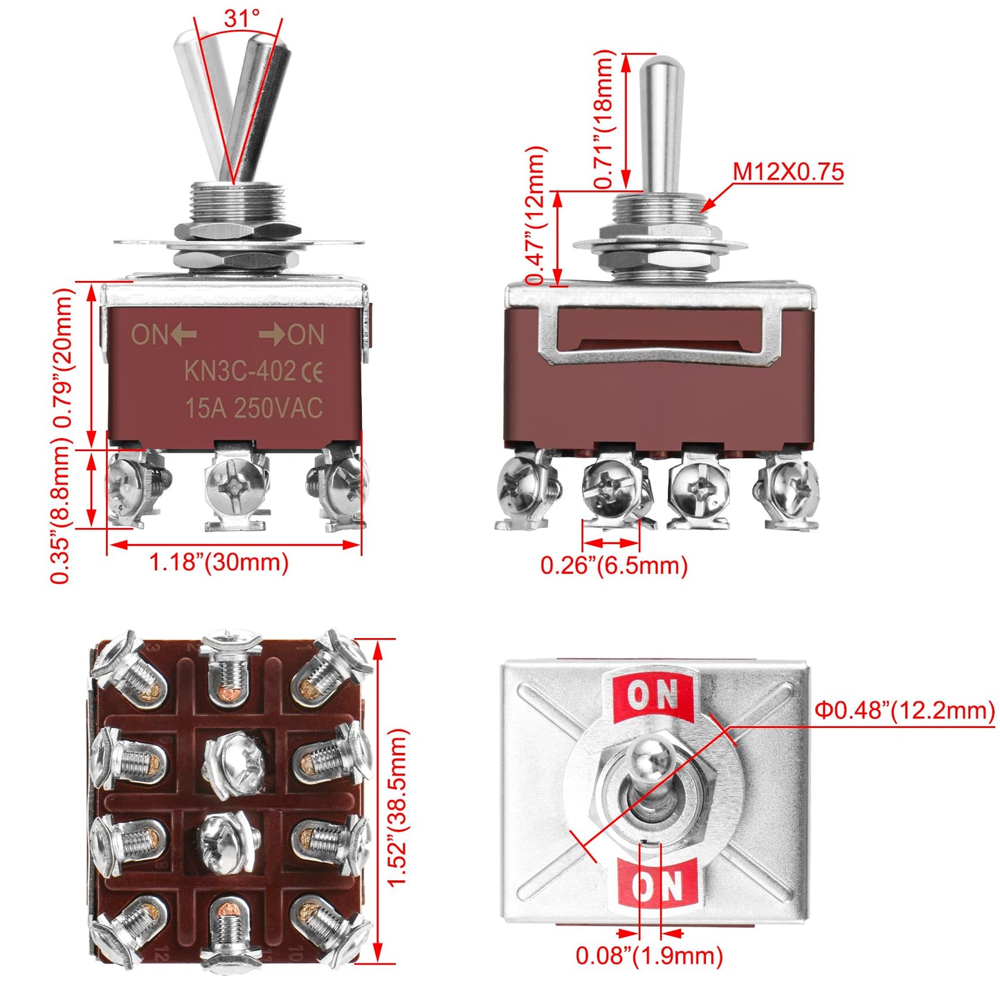 Heschen Metal Toggle Switch, KN3C-402, 4PDT, maintained, ON/ON 2 Position, 15A 250VAC, 10A 380VAC, CE