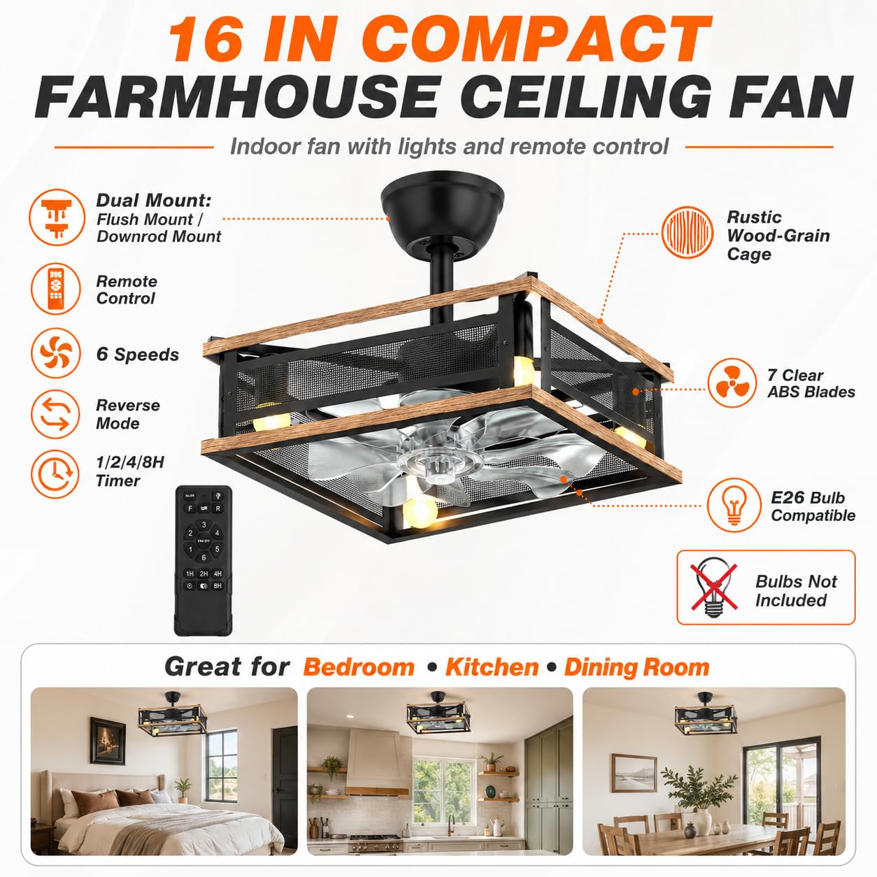 PYY 16-Inch Farmhouse Caged Ceiling Fan with Lights, Remote, 6-Speed