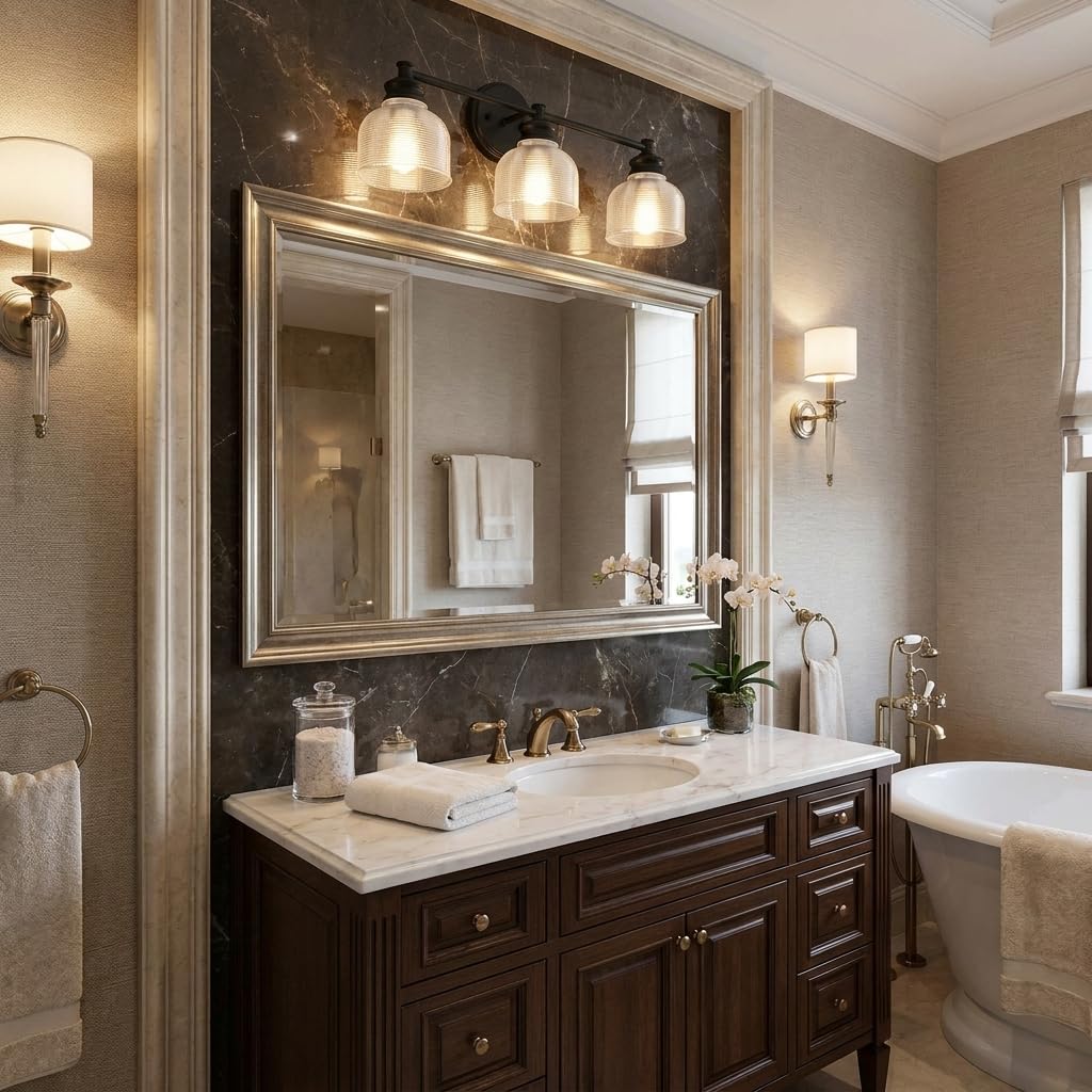 Meridian M80035MBK Traditional Farmhouse Clear Halophane Glass Bathroom Vanity Wall Light, 3-Light 180 Total Watts, 9" H x 24" W, Matte Black