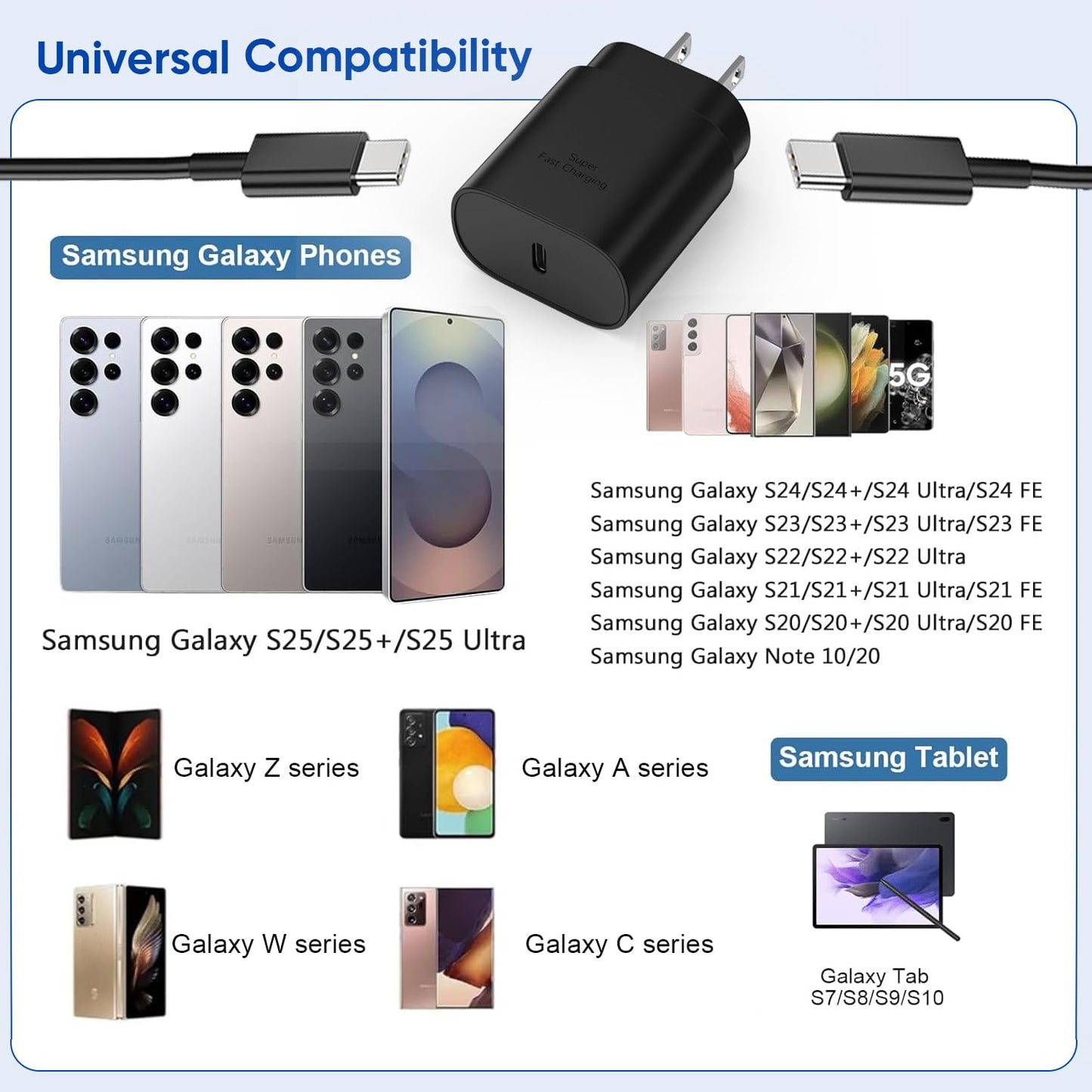 10FT Samsung Fast Charging Type C,2Pack 25W 10Foot Long Android Type C Phone Charger Block USBC to USBC Cable Fast Charging for Samsung Galaxy S25…