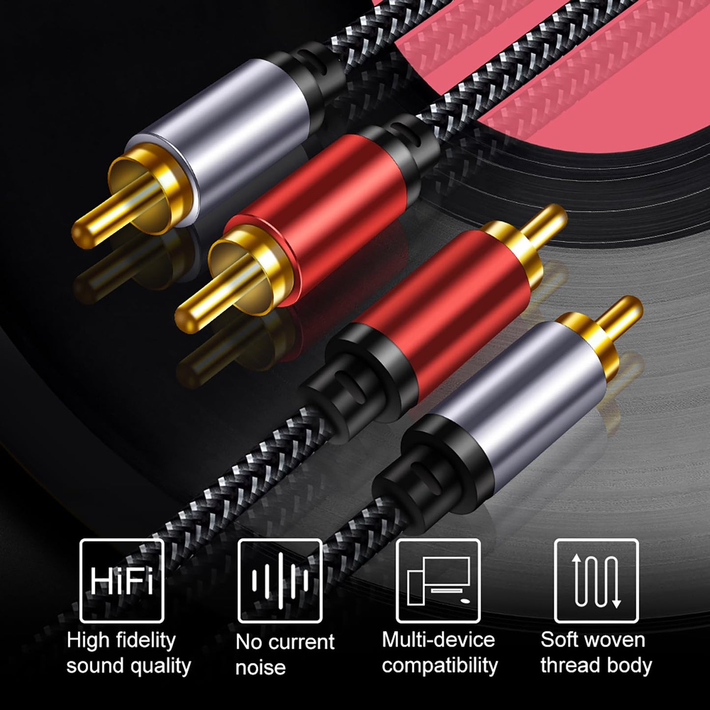 RCA Cable Braided 20ft: Hi-Fi Sound Double Layer Shielded Zinc Alloy Case Male 2rca Stereo Audio Cord for Home Theater, HDTV, Amplifiers, Hi-Fi