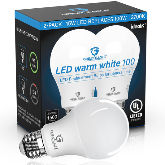 Great Eagle Lighting 100 Watt LED Light Bulbs Equivalent, 2700K Warm White, A19 E26 Medium Base Bulb, 1500 Lumens, Non-Dimmable, Damp Rated for Indoor