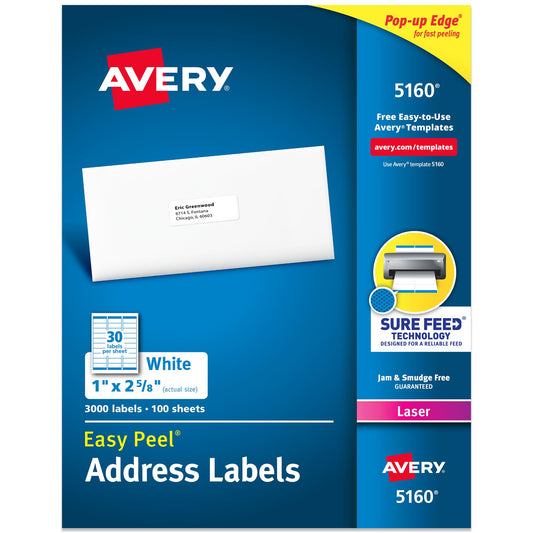 Avery Easy Peel Printable Address Labels with Sure Feed, 1" x 2-5/8" Customizable Stickers, White, 3,000 Blank Mailing Labels, Great for Mailing