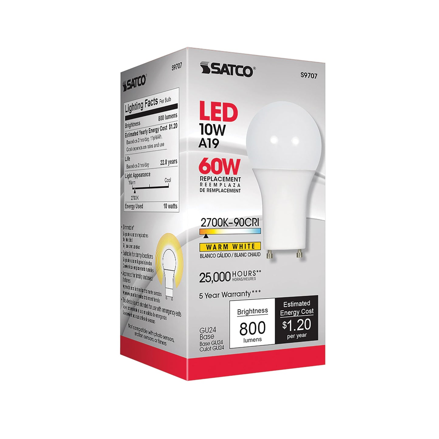 Satco S9707 GU24 LED Light Bulb A19, 2700K, Dimmable, 4.31 inches, Frosted White Finish