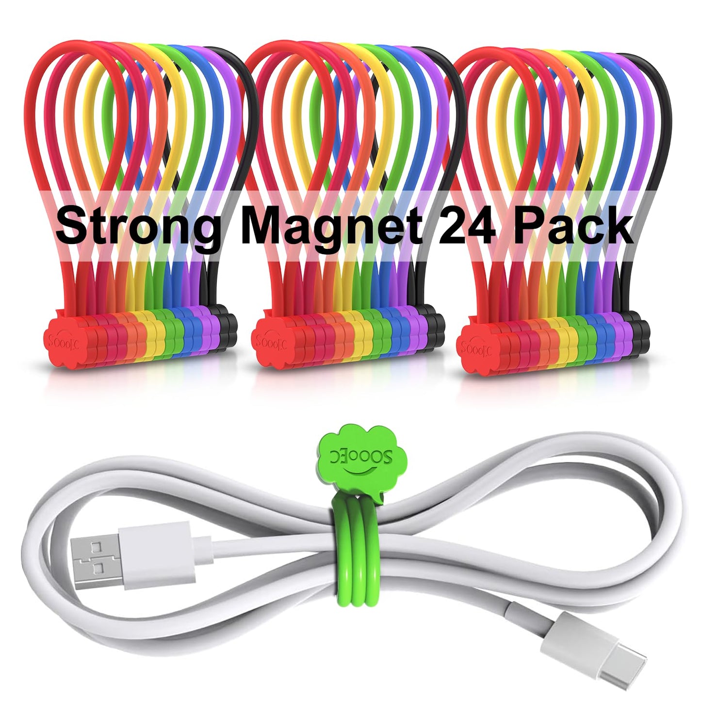 SOOOEC Magnetic Cable Ties, 24 Pack 7.2" Magnetic Cord Organizer Cute Cloud Design, Reusable Silicone Twist Ties with Strong Magnet for Bundling