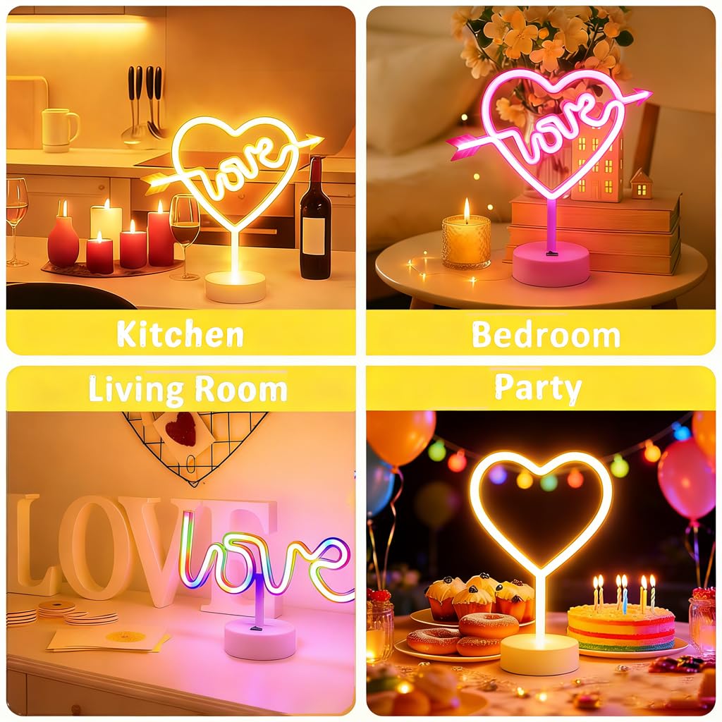 LOVE Heart Shaped Neon Night Light - USB/Battery Operated, Switch Control Desk Lamp for Bedroom Living Room Decor Gift ,Valentine's Day Wedding Party