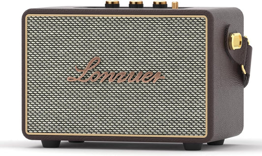 Lonzuer Vintage Home Decor Wireless Bluetooth Wooden Carrying Portable Speaker Deep Bass with Fabric Grill Leather Strap Handle-Brown