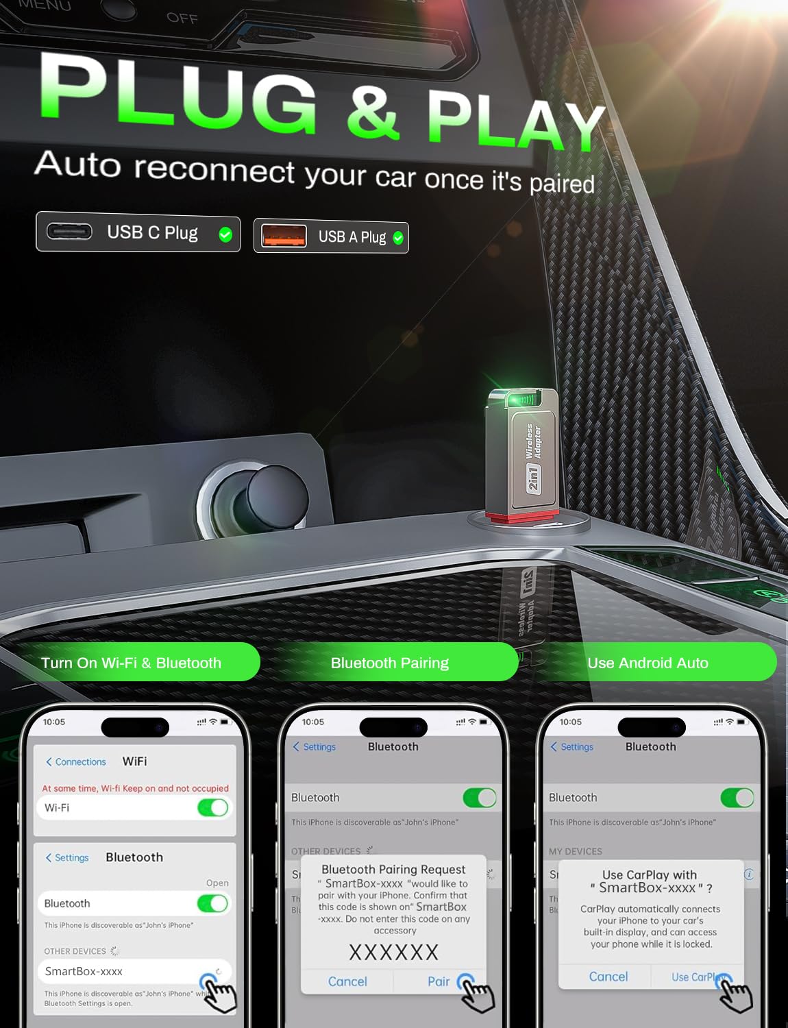 2-in-1 Wireless CarPlay Adapter Support Apple CarPlay & Android Auto, Mini Bluetooth USB A & USB C Dongle Convert Wired to Wireless Compatible