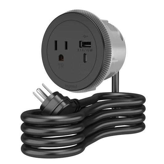 Legrand Wiremold RFPCRUAUC-BK Round Furniture Power Center with USB, 1 Outlet, Type A/C USB, 6 Foot Cord, Black