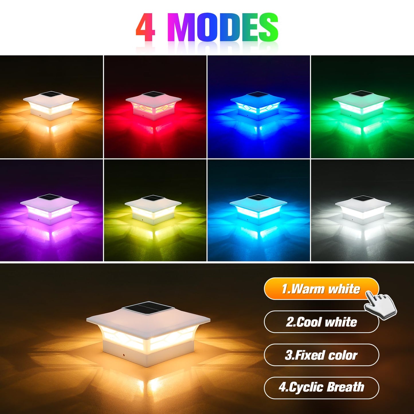 VOLISUN Solar Post Cap Light Outdoor Waterproof: RGB Color Changing - Solar Fence Cap Flashing Lights 4Pack White for 4x4 5x5 6x6 Wooden Vinyl Post