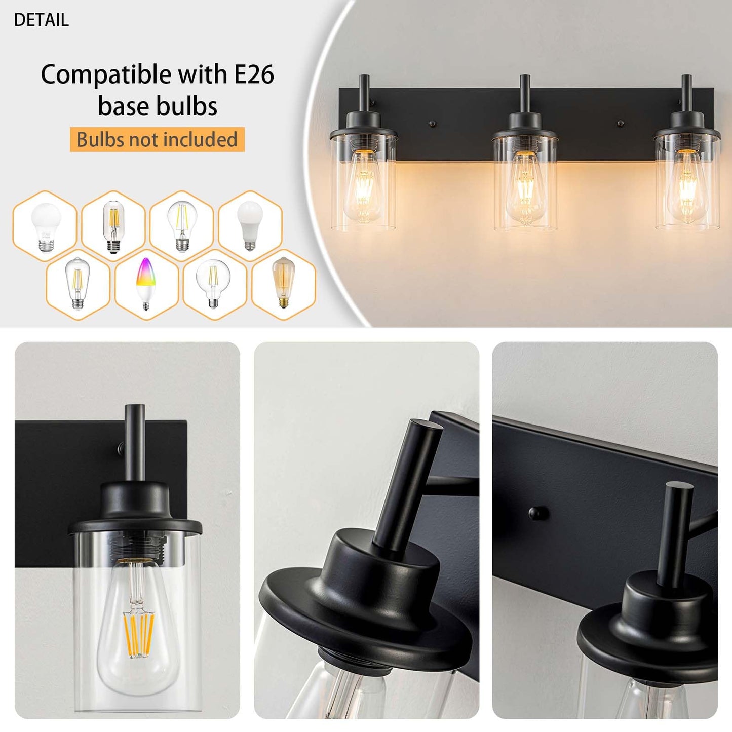 GoYeel Vanity Lighting Fixtures, Matte Black Bathroom Light Fixtures 3-Light Black Wall Sconce with Clear Glass Lampshade for Bedroom Hallway Living
