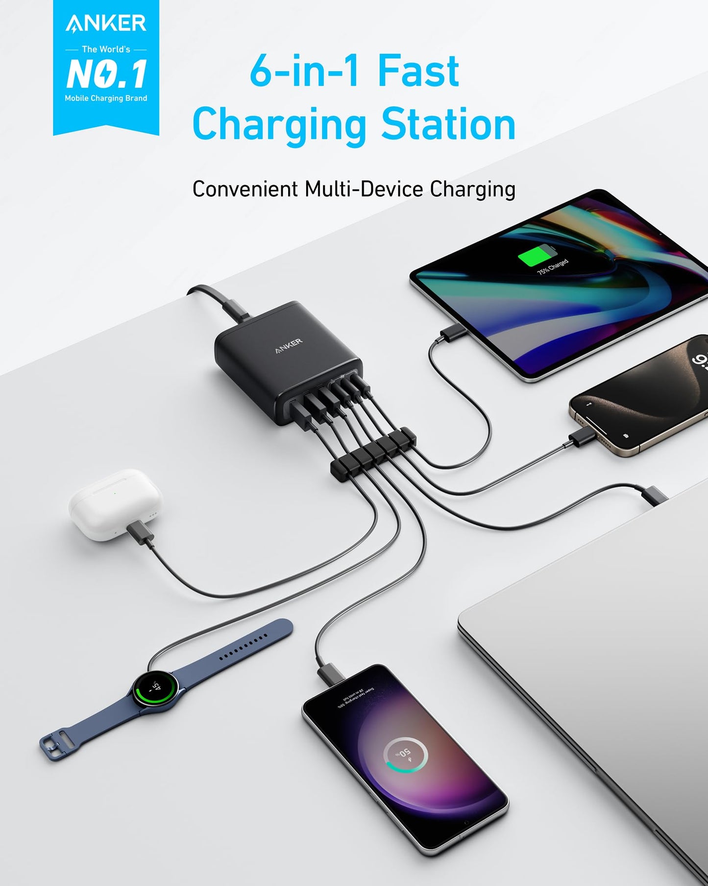 Anker Desktop Charger, Fast Charging USB C Charger with 112W Max 6-Port Desk Accessories for Home Office, Campatible with Multiple Devices, iPhone