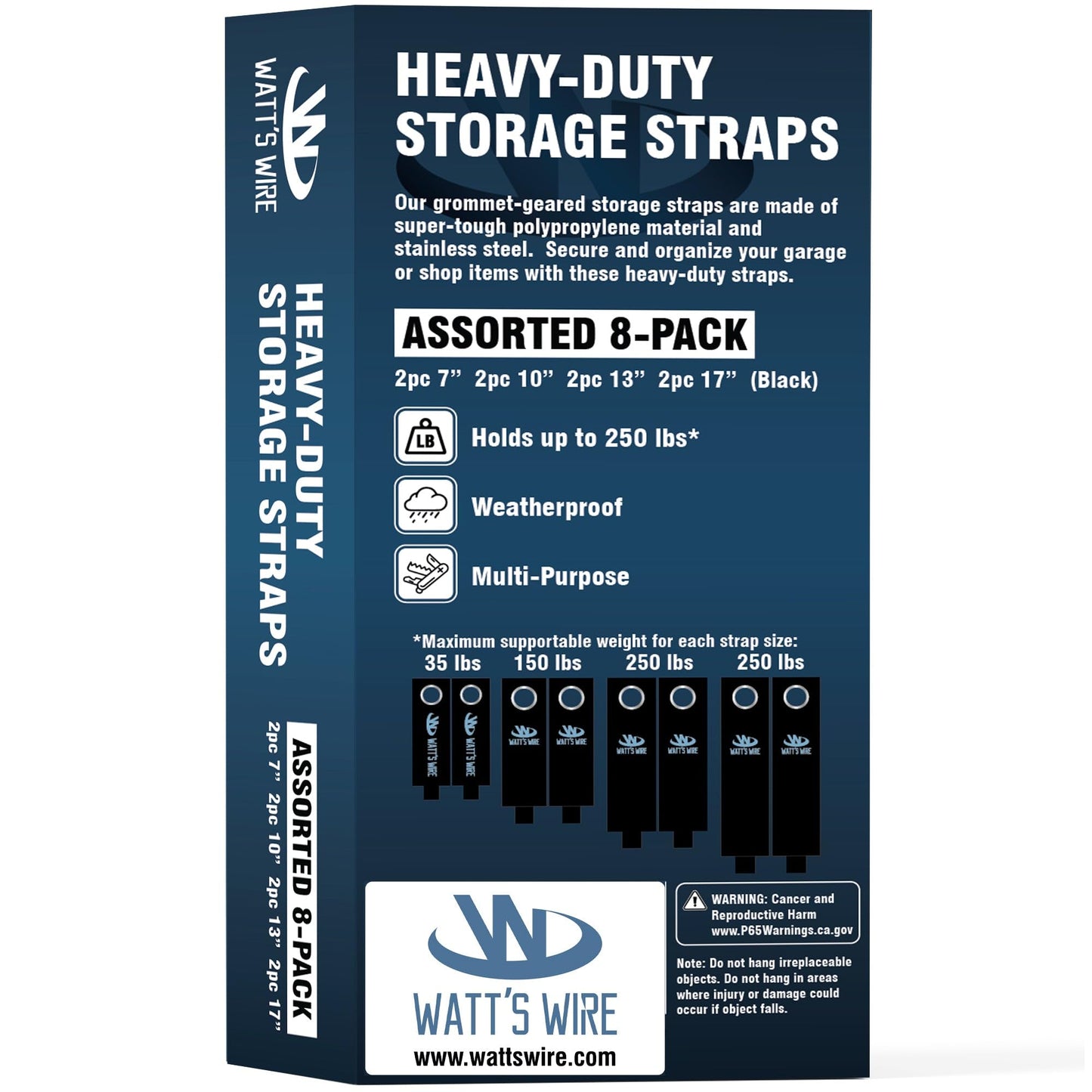 Heavy Duty Storage Straps - 8 Pack: 2 Small, 2 Medium, 2 Large, 2 XL - Extension Cord Ties - Storage Strap - by Watt's Wire