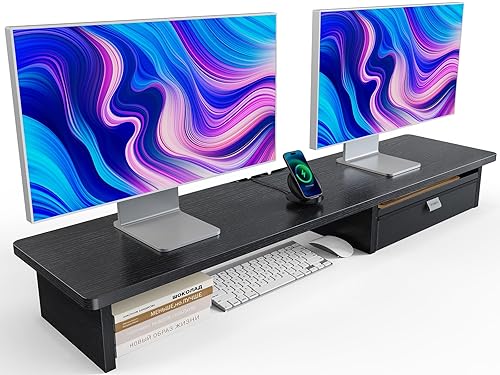 HUANUO Large Dual Monitor Stand with Drawer, Wood Monitor Stand Riser for 2 Monitors with Storage & Cable Management, Desktop Organizer up to 55" fit