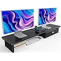 HUANUO Large Dual Monitor Stand with Drawer, Wood Monitor Stand Riser for 2 Monitors with Storage & Cable Management, Desktop Organizer up to 55" fit