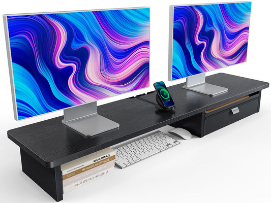 HUANUO Large Dual Monitor Stand with Drawer, Wood Monitor Stand Riser for 2 Monitors with Storage & Cable Management, Desktop Organizer up to 55" fit