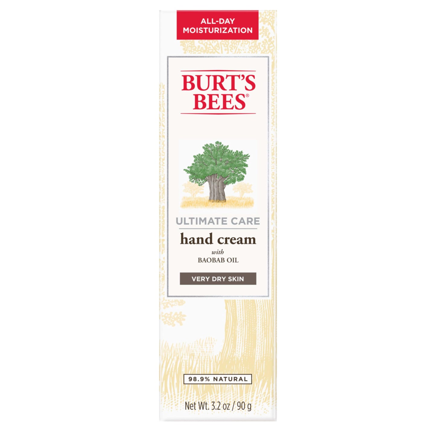 Burt's Bees Hand Cream for Dry Skin, Unscented Natural Lotion with Baobab Oil, Ultimate Care Moisturizer, 3.2 oz