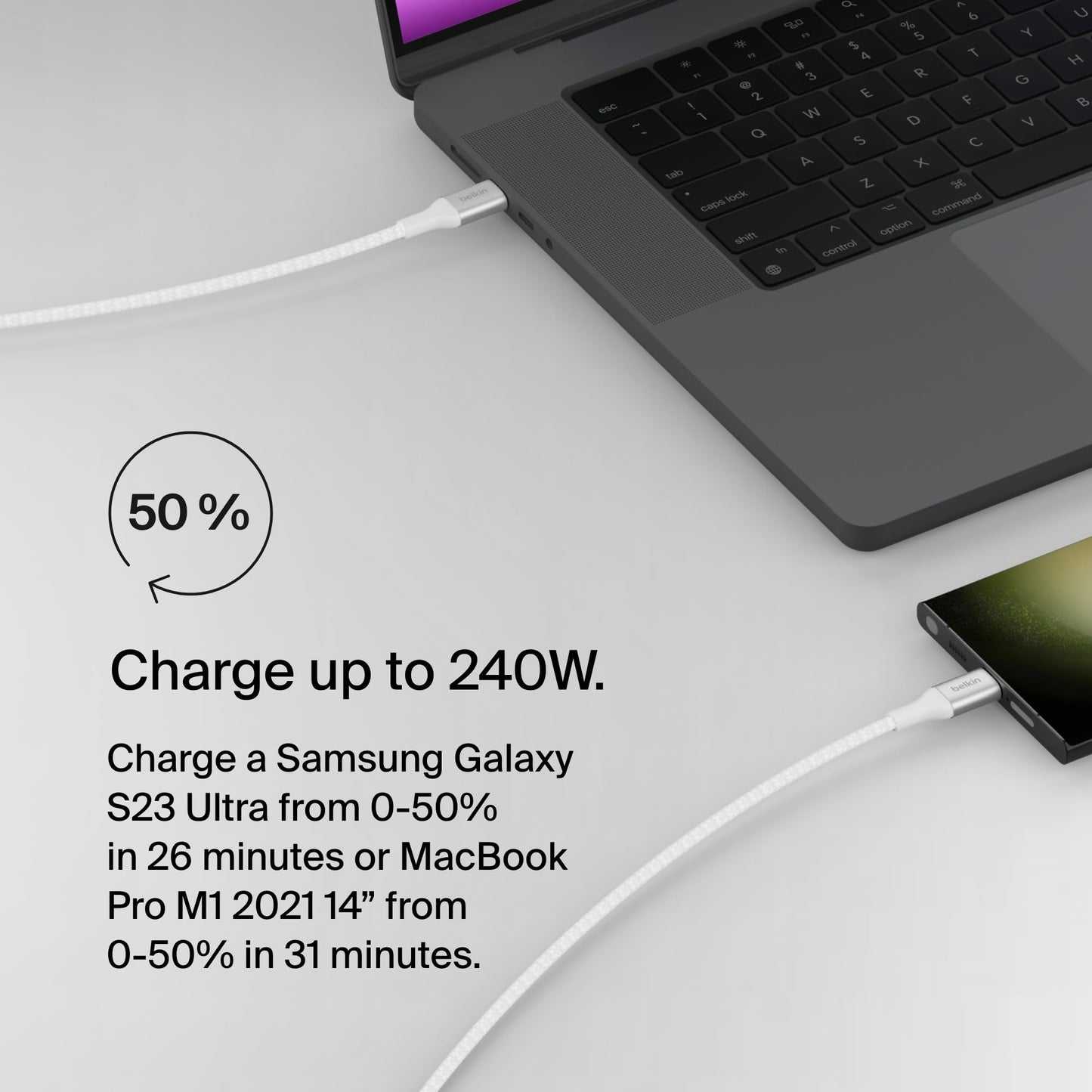 Belkin BoostCharge USB-C to USB-C Power Cable (2M/6.6ft) Fast Charging Cable 240W Power Delivery USB-IF for MacBook Pro, iPad, iPhone 16 Series
