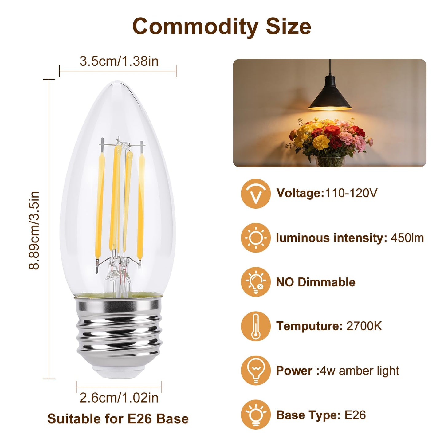 KINUR E26 led Bulb 40W Candelabra Light Bulbs,B11 LED Chandelier Bulbs,2700K Warm White Decorative Candle Bulb,for Ceiling Fan Home Decor 4-Pack