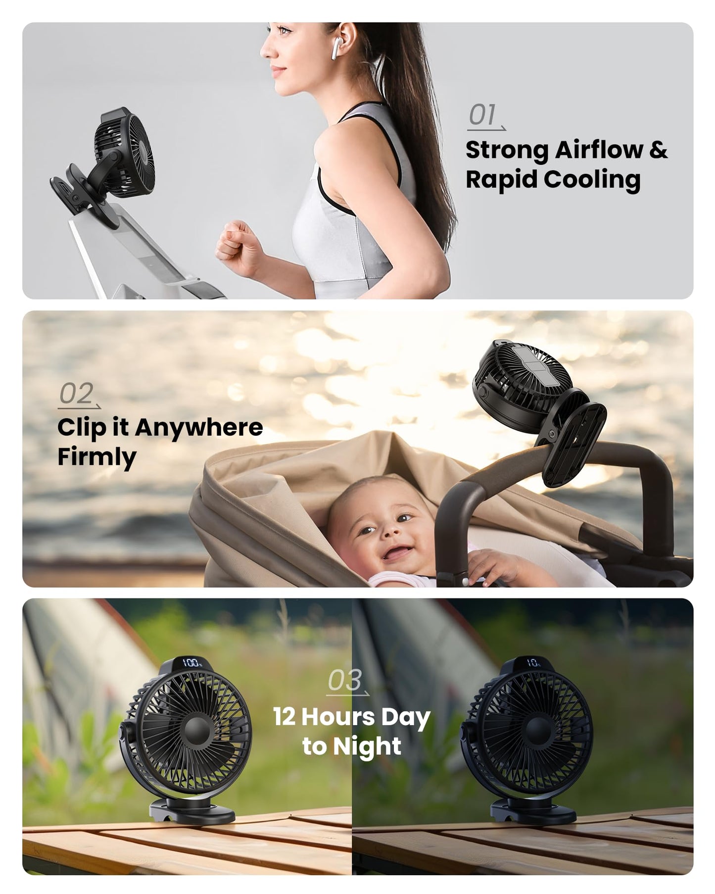Koonie Portable Clip On Fan, Small Rechargeable Battery Operated, 3 Speeds