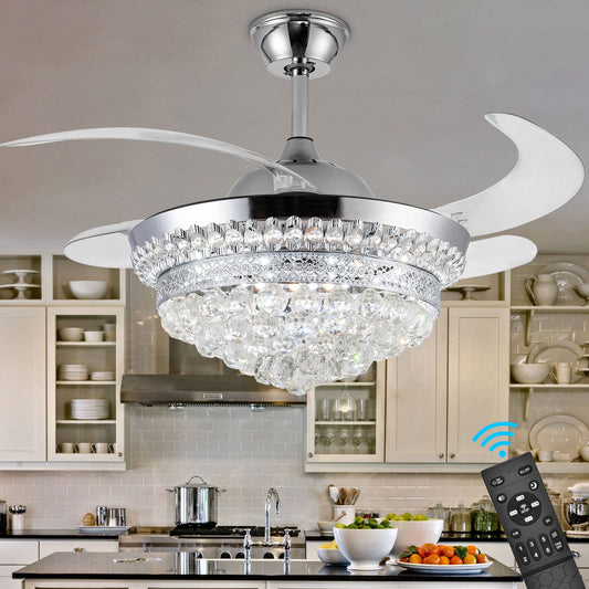 Panghuhu88 42" Invisible Ceiling Fan Chandelier with Light,Modern Crystal Ceiling Fan Light Remote Control 4 Retractable ABS Blades for Bedroom Living