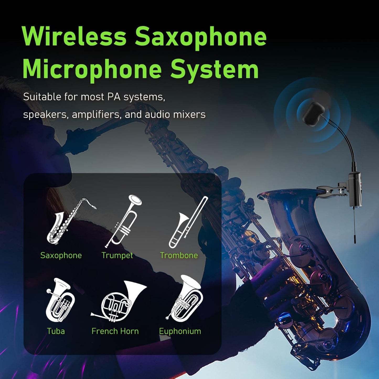 ACEMIC UHF Wireless Saxophone Microphone System Wireless Transmitter and Receiver Clip-on Instrument Microphones & Systems Mic for Trumpet, Sax