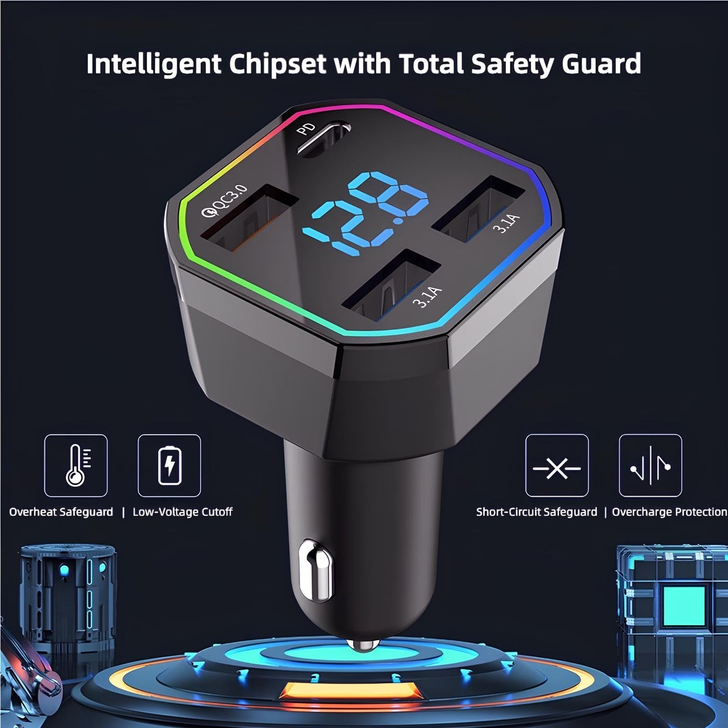 65W USB C Car Charger Adapter 4 Port Fast Charging with QC3.0 & PD2.0, Digital Display, Compatible with iPhone 16-8, Galaxy S25-S8, iPad, Pixel