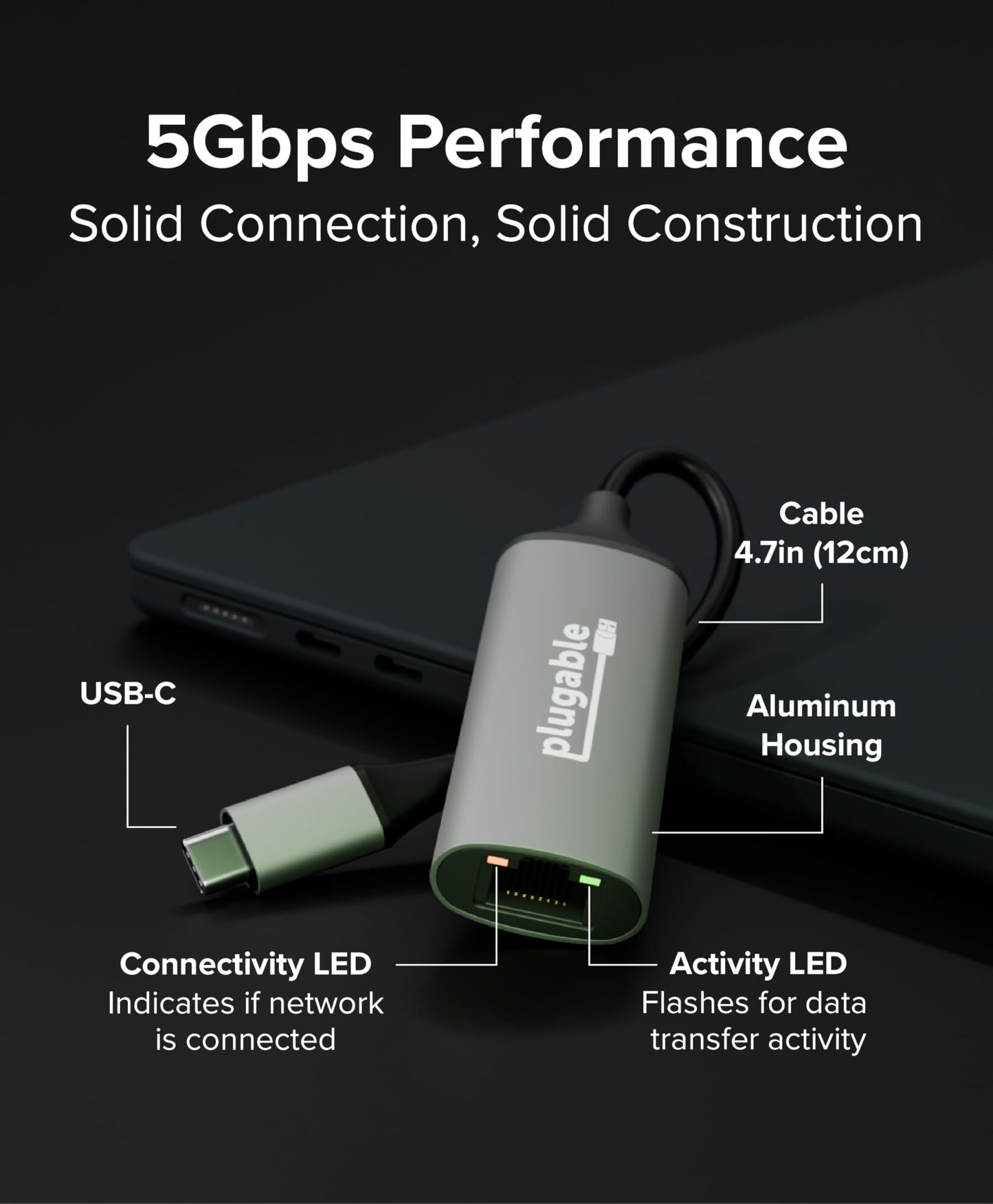 Plugable 5Gbps USB-C Ethernet Adapter | 5000Mbps Wired Network for Windows, macOS, and ChromeOS Laptops and Desktops | Realtek RTL8157 | Supports