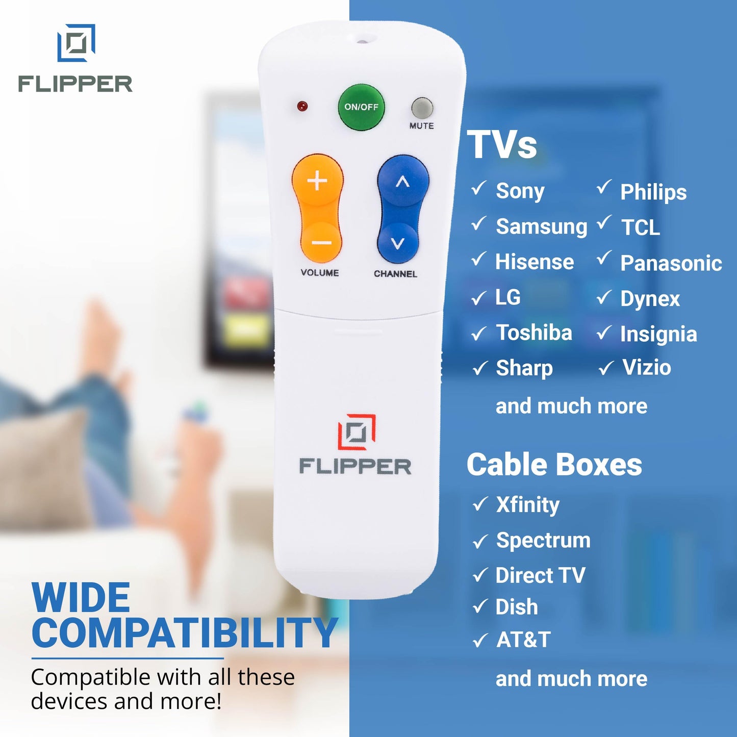 Flipper Big Button Universal TV Remote for Seniors, Dementia - Works Both TV Only or TV & Cable (STB) Set Up - Favorites, IR Devices Spectrum