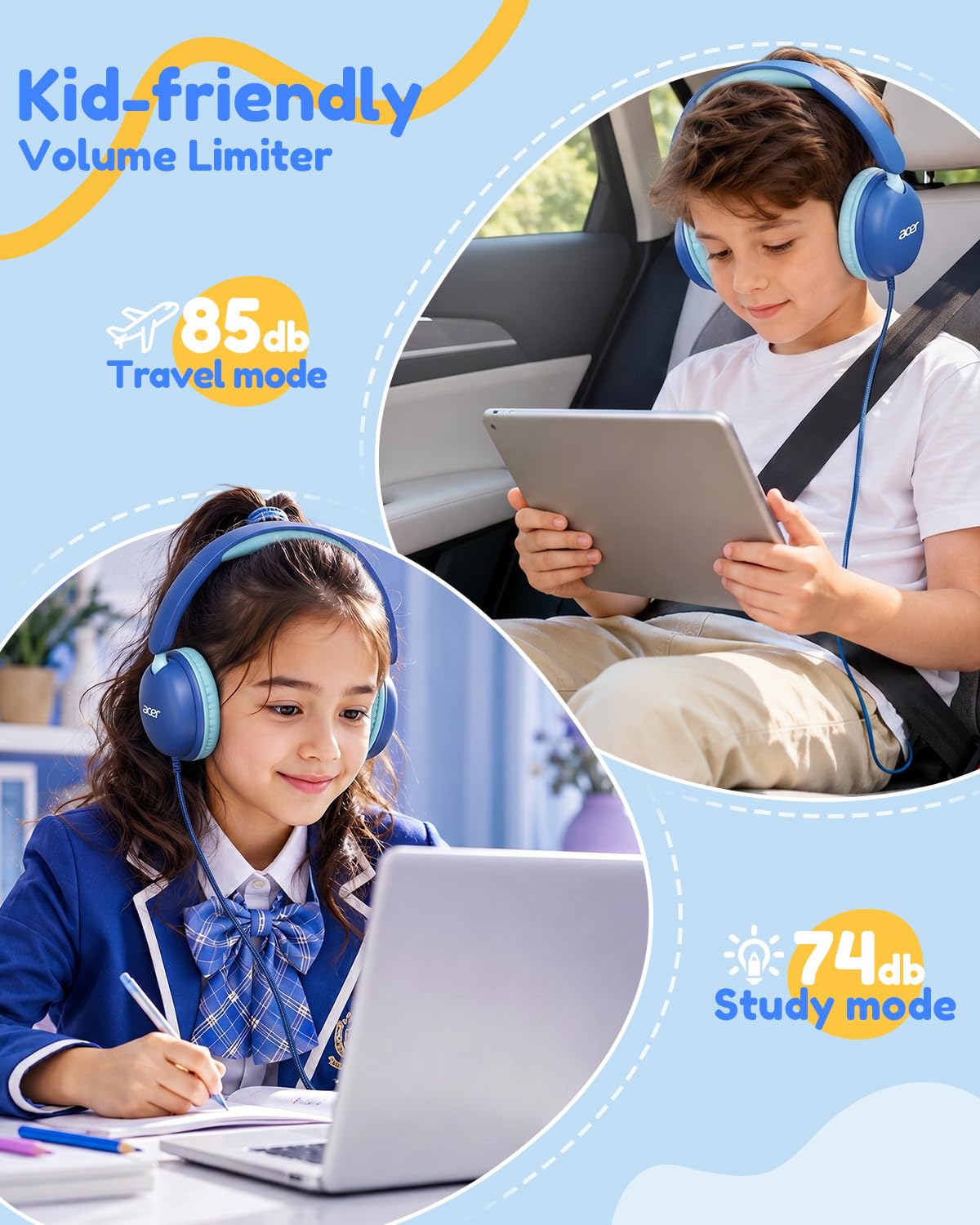 Acer OHW355 Kids Headphones with Cord for School,Over Ear Wired Headphones