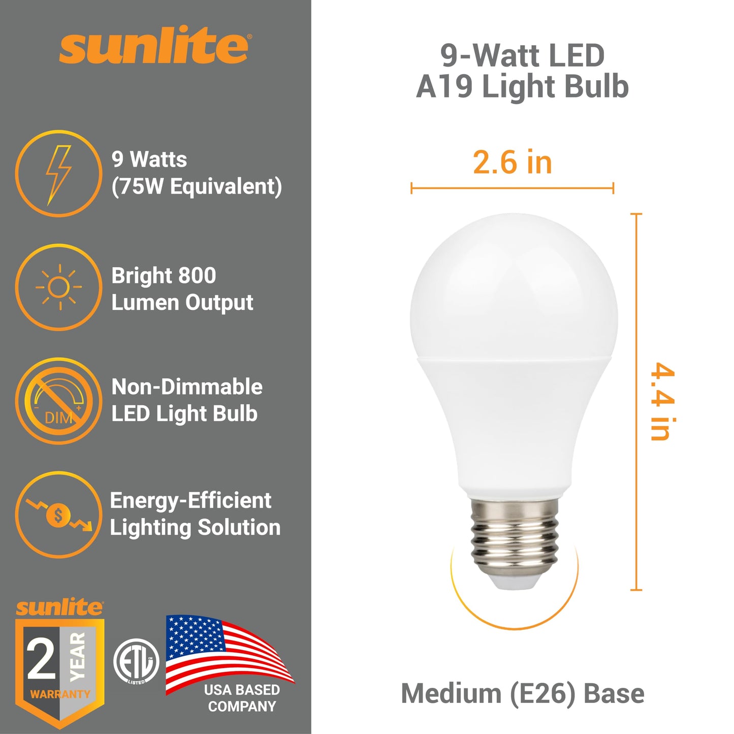 Sunlite 41816-SU LED A19 Light Bulbs, 9 Watts (60W Equivalent), 800 Lumens, Medium Base (E26), Non-Dimmable, Frost, ETL Listed, 2700K Warm White, 18