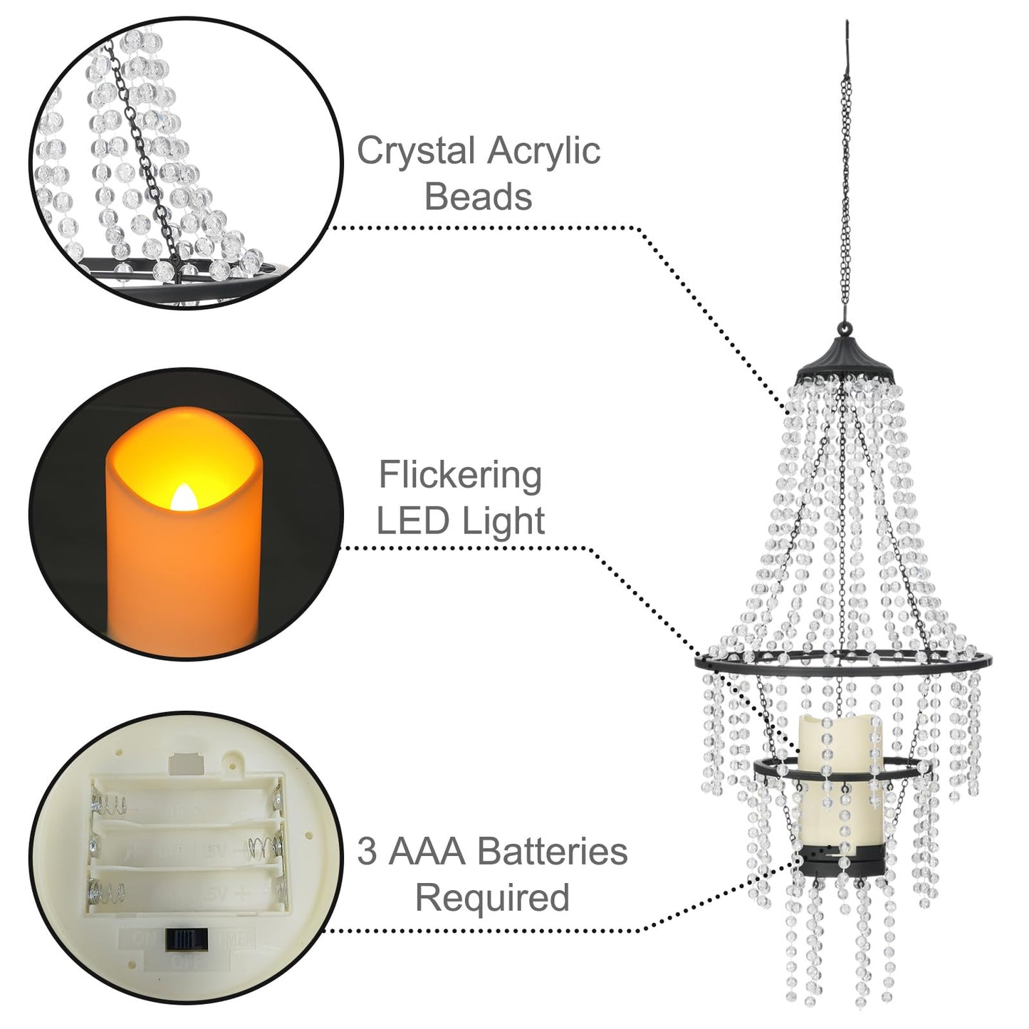 Hanging Candle Chandelier Outdoor, Battery Operated Clear Acrylic Beaded Chandelier with Flickering Led Candle Light S Hooks Modern Lantern for Garden