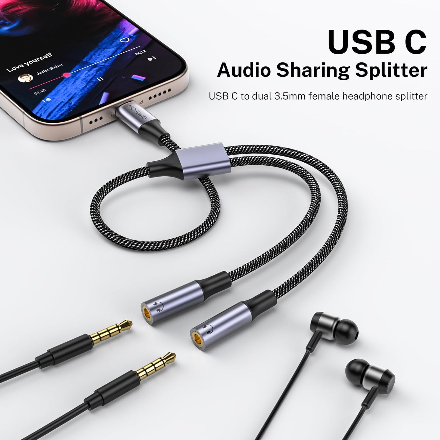 MOSWAG USB C to Dual 3.5mm Female Headphone Splitter, Type C to Dual 3.5mm Female Audio Jack Splitter Headphone Adapter Compatible with iPhone