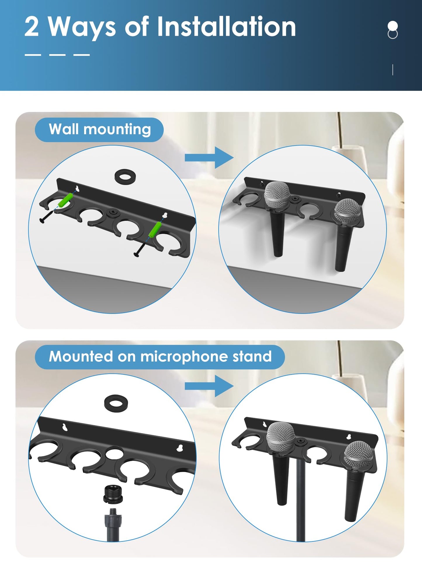 Multi Microphone Holder (Aluminum) for Handheld Dynamic, Wired and Wireless Mics, Multiple Mic Organizer for Mic Stand, Rubber Padding/Wall Mounted or