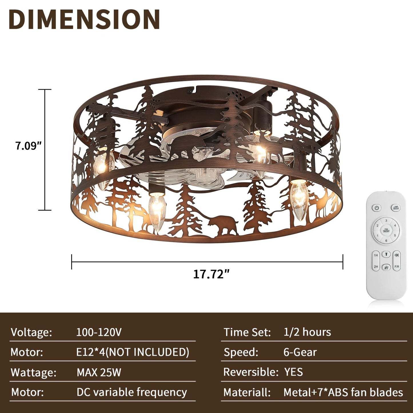 Merexcint Flush Mount Ceiling Fan, Rustic Low Profile Fandelier with Deer