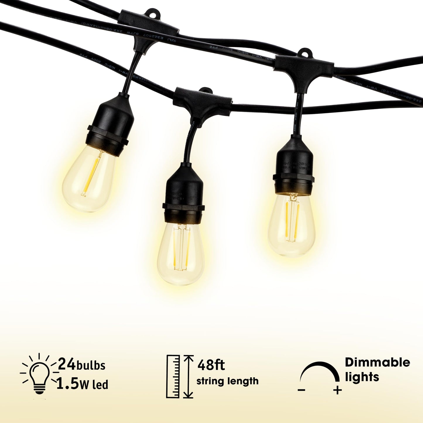 HLO Lighting Outdoor Weatherproof Commercial LED Backyard Bistro Cafe Patio Light String, 48Ft Vintage Edison Porch Strand, 2Ft Spacing, 24 Hanging
